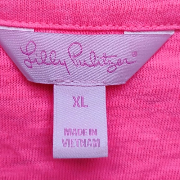New cond.Lilly Pulitzer XL Top Blouse Bright Pink Linen 3/4 Sleeve Button Henley - Picture 2 of 6